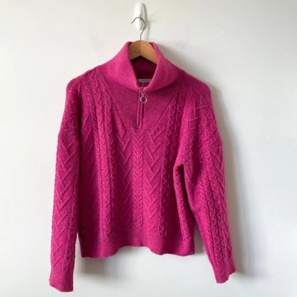 Neon &  Nylon Pullover 1/4 Zip Cable Knit Sweater Confetti Pink Size Small - Picture 1 of 5
